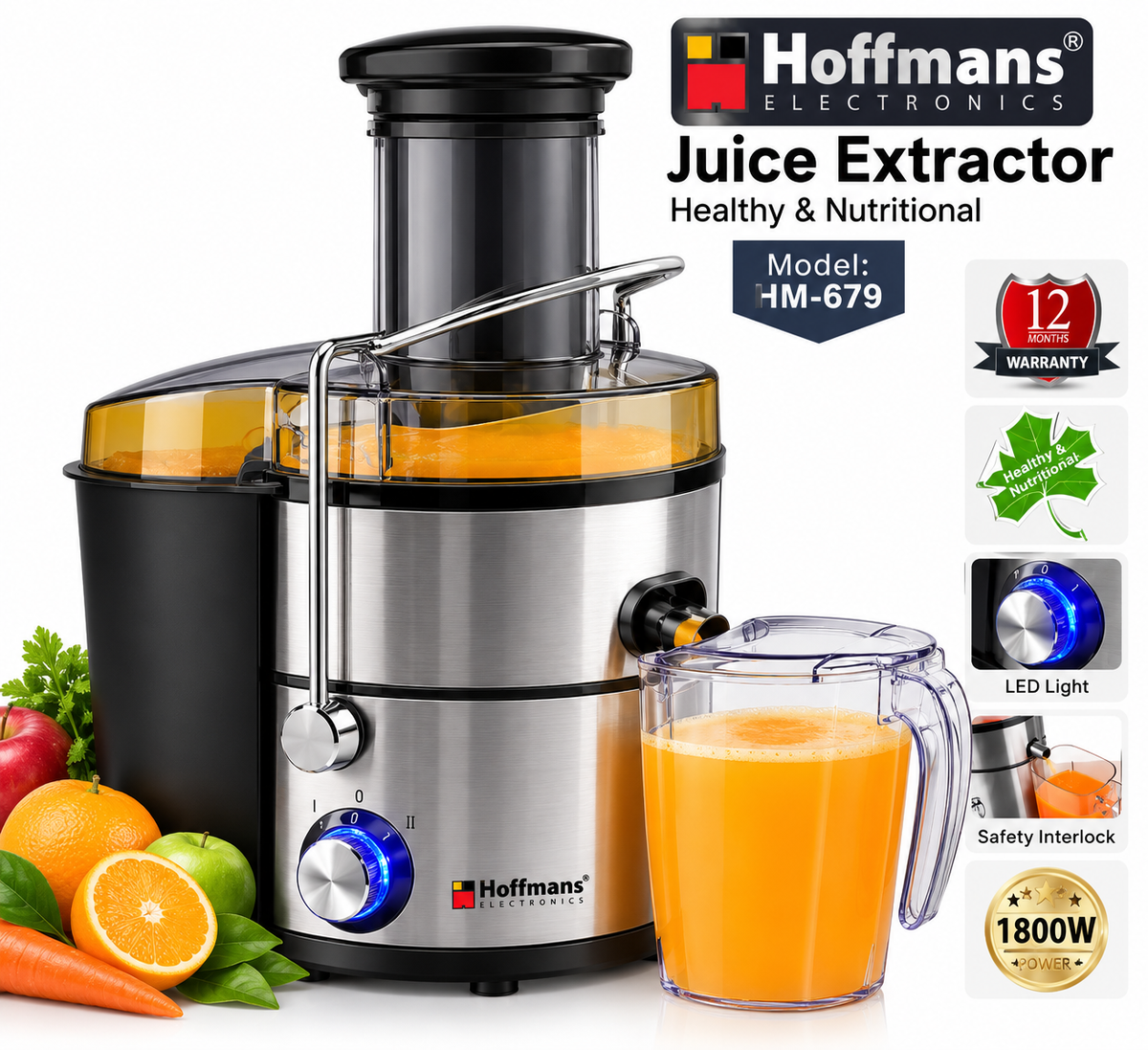 Hoffmans HM-679 Juice Extractor /Stainless Steel / LED Control /Safety Interlock