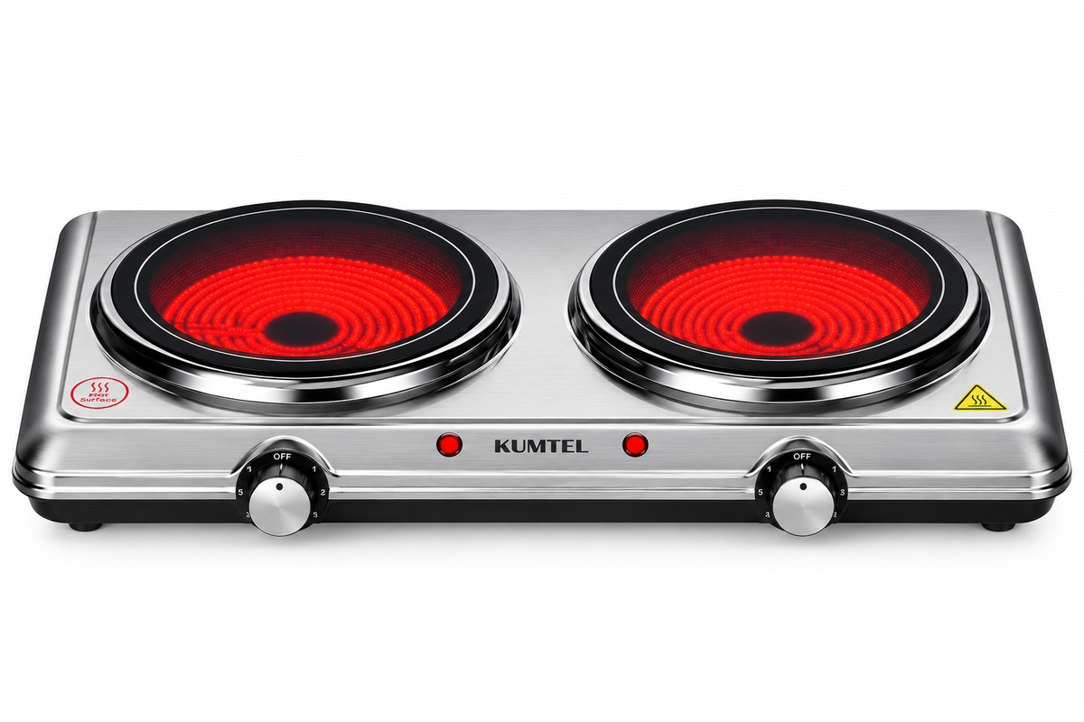 KUMTEL HCD-1002 Dual Ceramic Electric Cooktop / 2100W / Double Burner / Stainless Steel