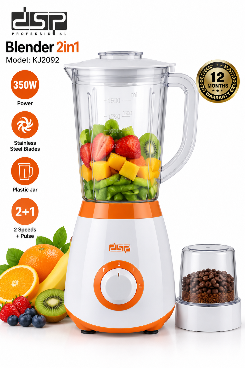 DSP KJ2002 2-in-1 Blender & Grinder /350W |/White & Orange