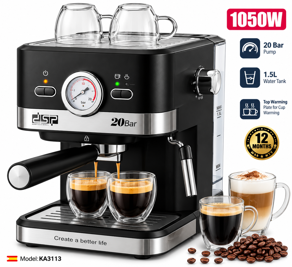 DSP KA3113 Espresso Coffee Maker /1050W  /1.5L Water Tank / Black & Silver