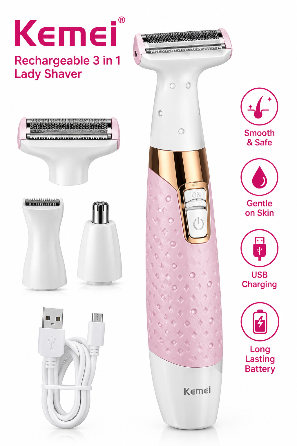 Kemei KM-1900 Lady Trimmer / USB Rechargeable