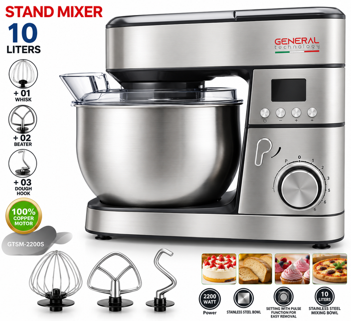 General Technology GTSM-2200S Professional Stand Mixer / 2200W, 10L Stainless Steel Bowl, Silver