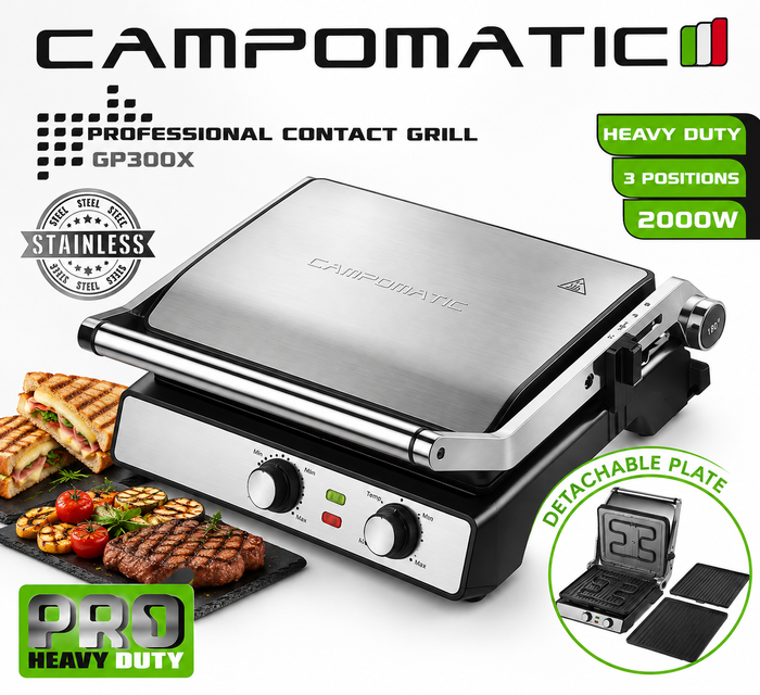 Campomatic GP300X Professional Contact Grill / 2000W, 3 Positions, Removable Plates, Stainless Steel