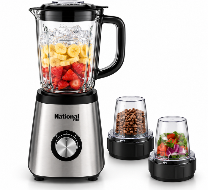 National Pro NP-BLM4572 Electric Blender / 1000W, 2L Glass Jar, 2 Speeds + Pulse, Silver & Black