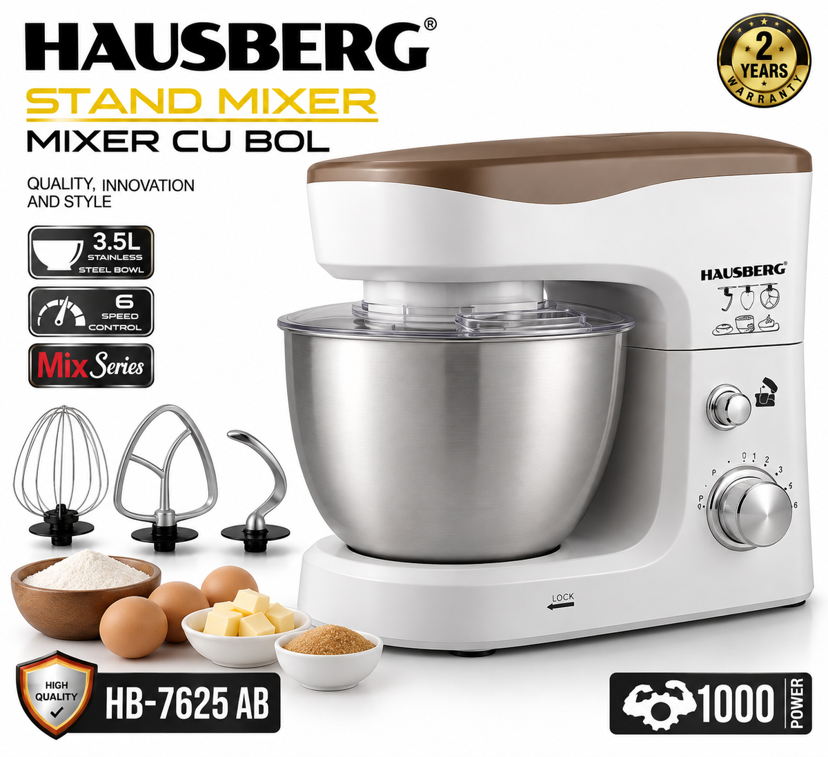 Hausberg HB-7625AB Stand Mixer / 1000W, 3.5L Stainless Steel Bowl, 6 Speeds, White