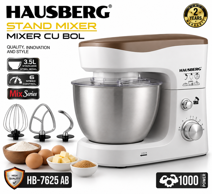Hausberg HB-7625AB Stand Mixer / 1000W, 3.5L Stainless Steel Bowl, 6 Speeds, White